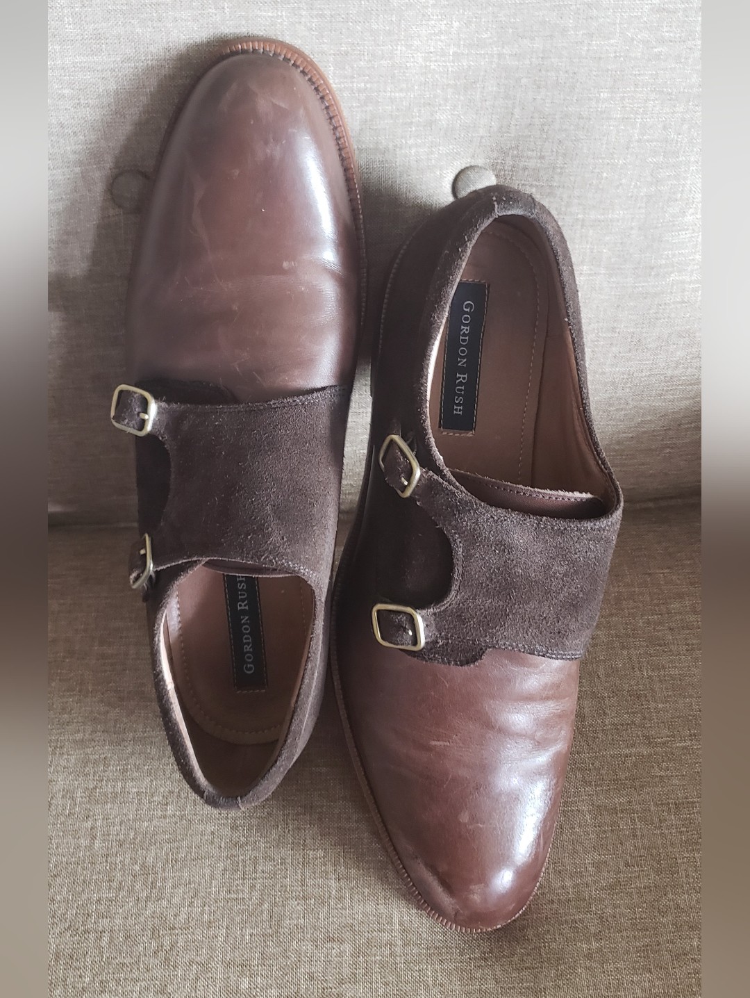 Gordon Rush Brown Leather And Dark Brown Suede Double Monk Strap Shoes